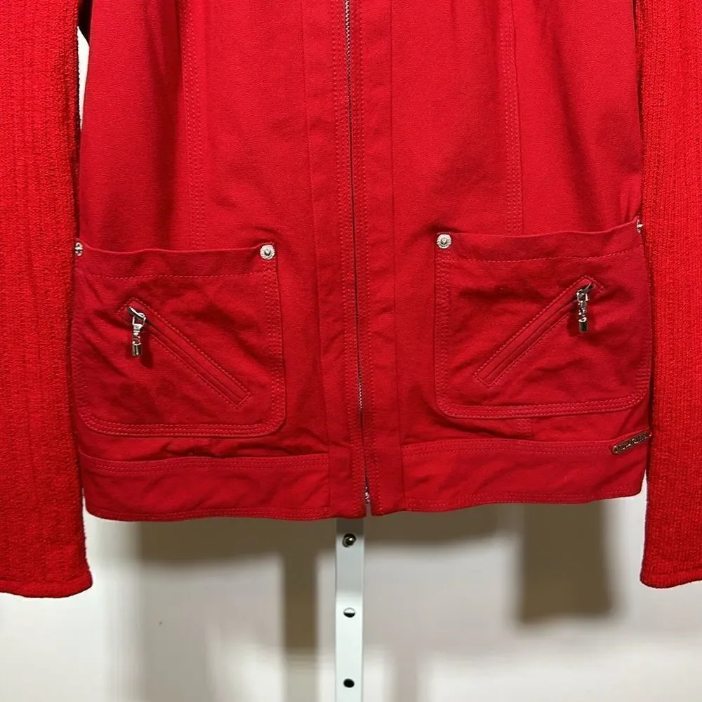 ST. JOHN SPORT Women's Ribbed Cotton Knit Zipper Sweater Jacket Red Size Petite